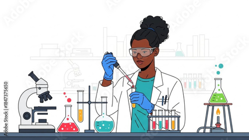 African american woman in lab coat and gloves working with pipette and test tubes in a laboratory setting with microscope and colorful chemicals