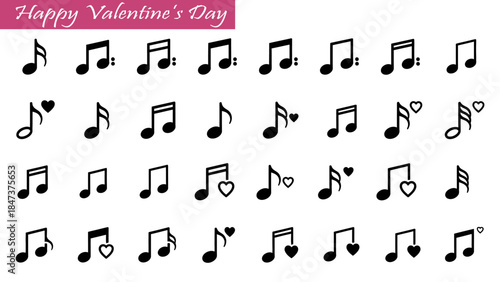Happy Valentine's Day musical notes set, various love-themed music symbols vector illustration.