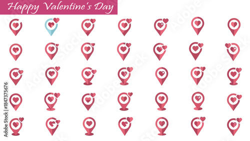 Happy Valentine's Day location pins with hearts on a checkered background vector illustration.