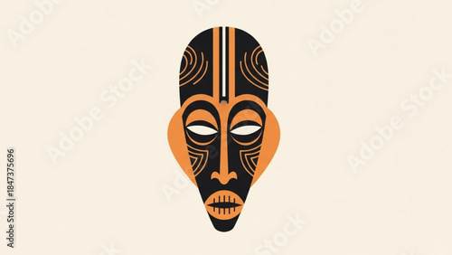 Vibrant orange and black african tribal mask with intricate designs on a beige background, symbolizing cultural heritage and traditional art
