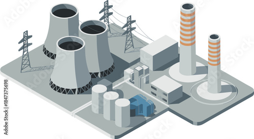 Isometric power plant and industrial facility illustration with cooling towers chimneys storage tanks and electrical transmission infrastructure