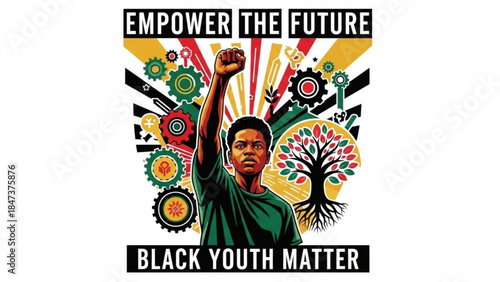 Young black man with raised fist and colorful gears in background empowering future and supporting black youth movement