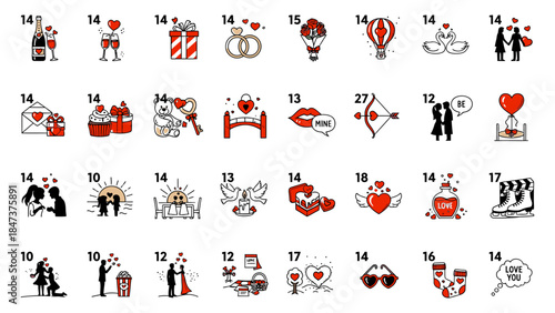 Valentine's Day color line icons set transparent background vector elements. 