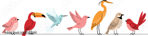 Cute colorful birds sitting on a wire in a row, flat vector illustration with minimal Scandinavian style