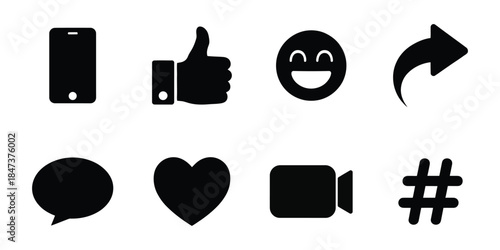 Social Media Solid Icon Set with Smartphone, Like, Emoji and Communication Symbols
