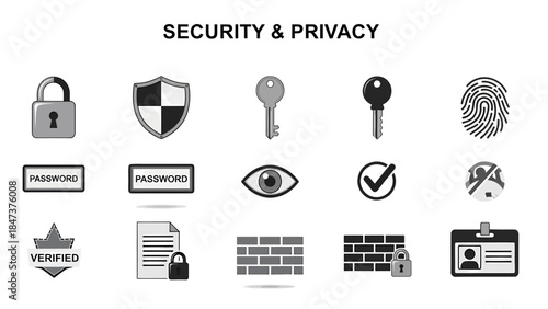 Collection of black white and gray security and privacy icons arranged in a 3x5 grid