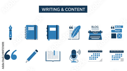 Collection of blue and white icons related to writing and content creation