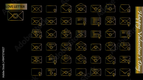 Valentine's Day love letter and envelope icons in golden gradient vector illustration.