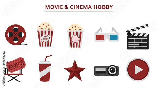 Collection of movie and cinema hobby icons in red white and black colors