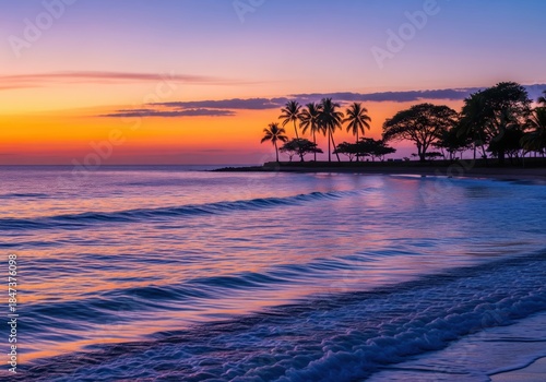 Fototapeta Naklejka Na Ścianę i Meble -  Tropical beach coastline with palm trees and calm sea at sunset. Summer vacation and travel. Wide angle seascape view with copy space