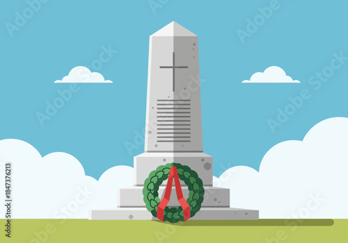 Stone monument with wreath and cross, under a sky with clouds.