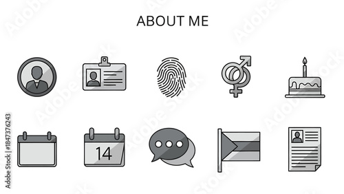 Ten grayscale icons related to personal information are displayed beneath the title ABOUT ME