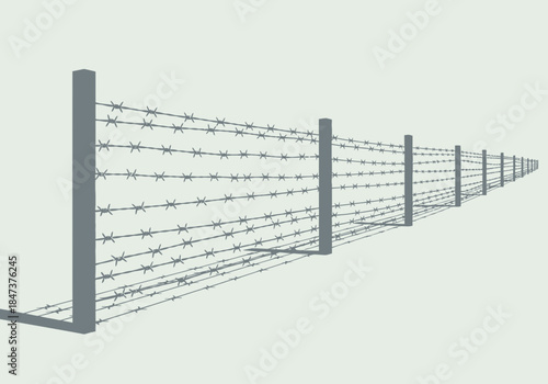 A perspective view of a barbed wire fence with wooden posts.