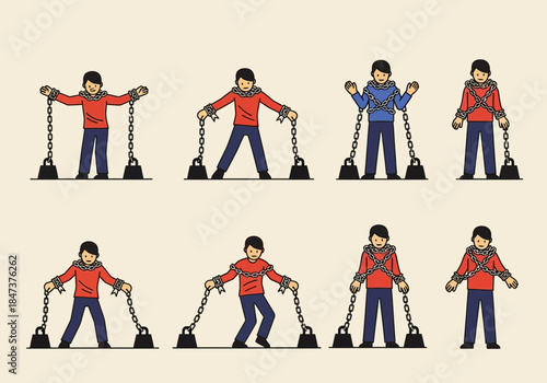 Person performing different actions with ropes and weights.