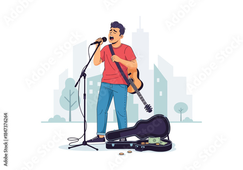 Musician singing and playing guitar with open case for money.