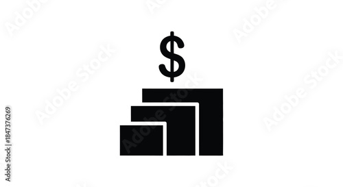 A striking black graphic displays stacked blocks with a dollar sign on top silhouette