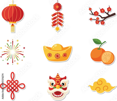 Chinese New Year Icons Lantern, Gold Ingot, Lion Dance, and Lucky Decorations