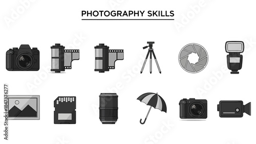 Ten grayscale icons representing photography equipment and concepts in two rows