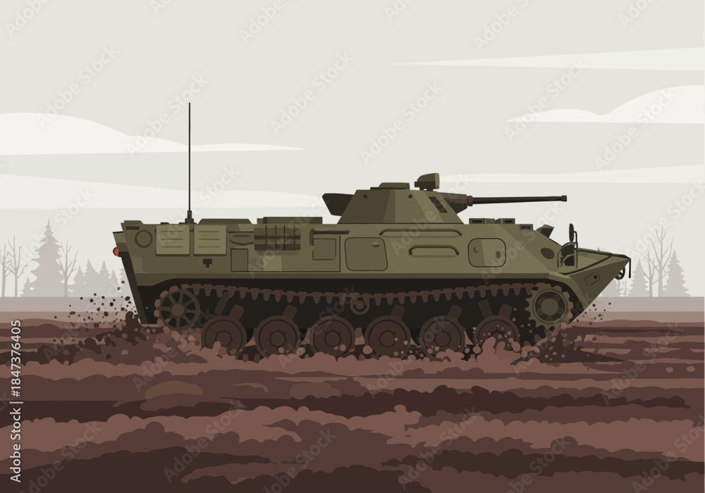 Obraz premium Armored personnel carrier moving through muddy terrain with trees in distance.