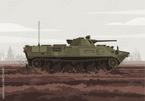 Armored personnel carrier moving through muddy terrain with trees in distance.
