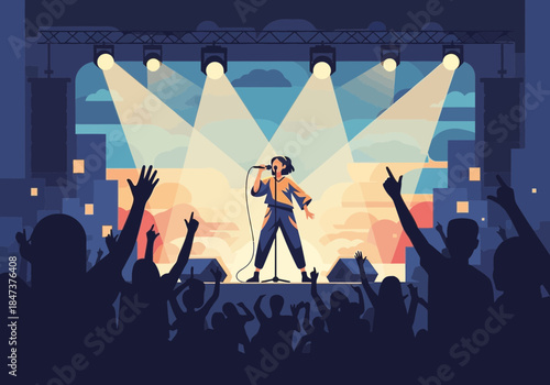 Singer performs on stage with spotlight and cheering crowd.
