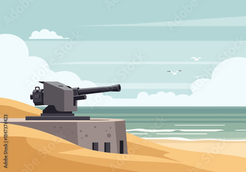 Coastal defense gun on a sandy embankment overlooking the sea.
