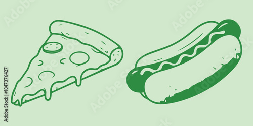 Slice of pizza and hot dog in green line art style, perfect for food concepts