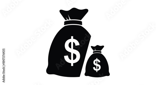 Two black bags displaying a dollar sign a simple and stark visual representation silhouette