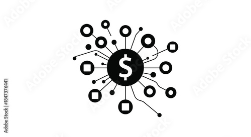 A network of connected circles with a central dollar sign depicted as a bold silhouette