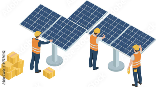 Isometric solar power installation illustration with workers mounting photovoltaic panels renewable energy clean electricity generation system