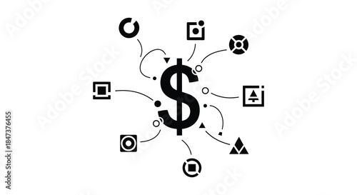 a captivating network of financial icons radiating from a central dollar sign silhouette