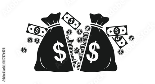 Stacks of money bags overflowing with dollar signs a bold financial illustration silhouette