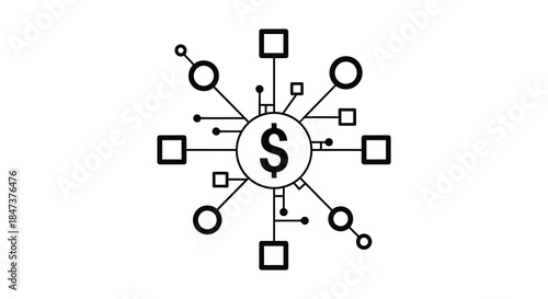 A simple graphic showing a dollar sign connected to various shapes in a network silhouette
