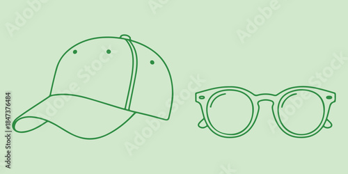 Baseball cap and sunglasses in green line art, representing casual fashion and accessories