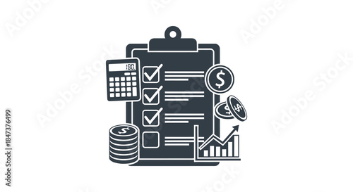 Financial planning and analysis concept with clipboard calculator checklist and graph silhouette