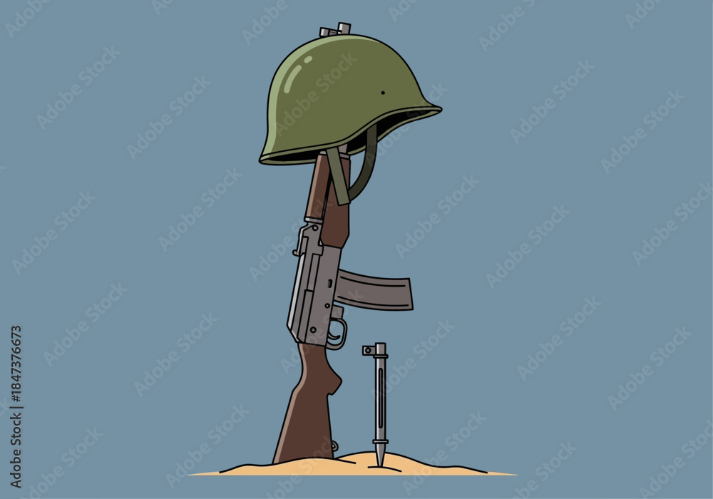 Obraz premium Military helmet and rifle stand upright in sand, symbolizing fallen soldier.