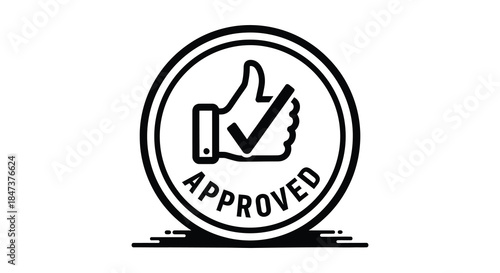A circular graphic displaying an approving hand gesture with a checkmark and the word approved silhouette