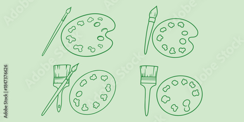 Artistic green line art doodles featuring paint palettes and brushes on a pale green background. Creative, artistic, and craft-related illustrations.
