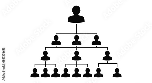 a hierarchical organizational chart depicted with multiple human figures in a dark silhouette