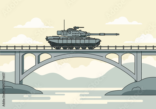 Armored tank crosses a bridge over water with mountains in the distance.