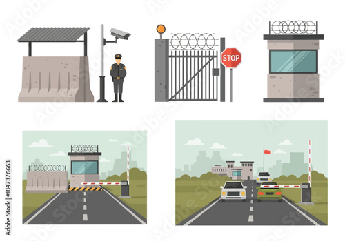 Security checkpoints with barriers, guards, and surveillance systems.