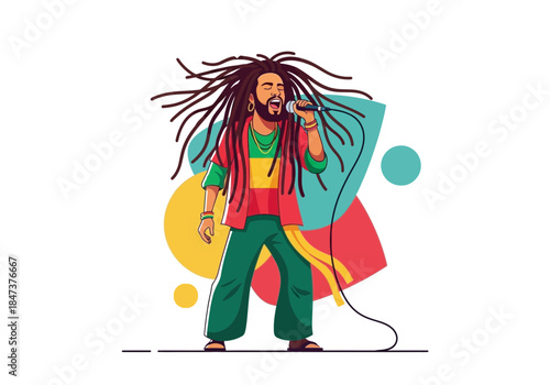 Man with dreadlocks singing into a microphone, wearing colorful clothing.