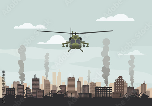 Helicopter flies over industrial city with smoke stacks.