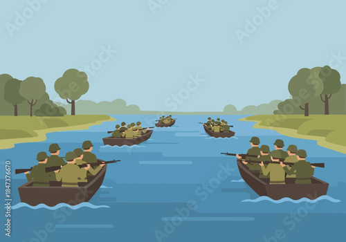 Soldiers in boats paddle down a river surrounded by trees and foliage.