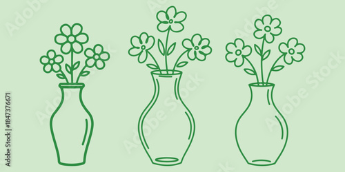 Charming green line art doodles of three vases filled with stylized flowers on a pale green background. Floral, decorative, and spring-themed vector elements.