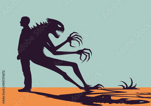 Silhouette of a person with a monstrous shadow looming behind.