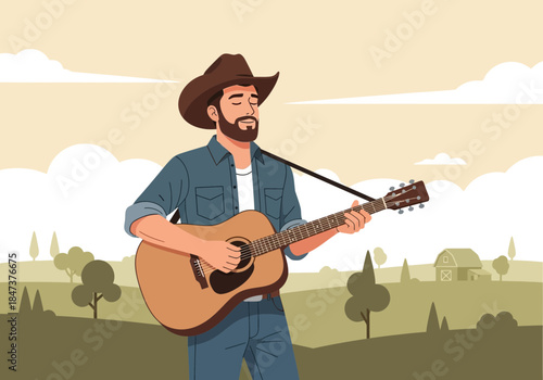 Man wearing a cowboy hat plays an acoustic guitar outdoors.