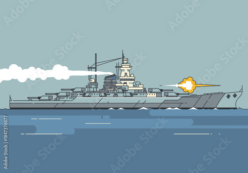 Battleship firing cannons with smoke trails on the water.