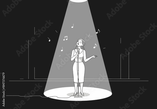 Woman singing into a microphone under a spotlight with musical notes.