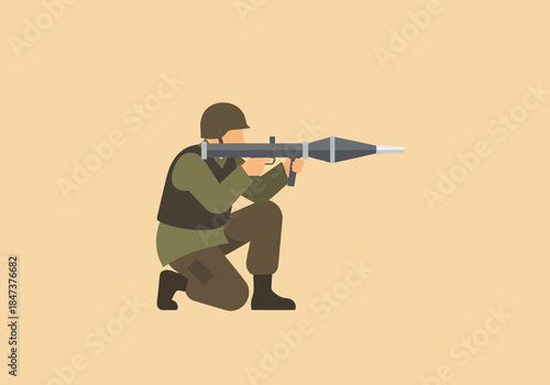 Soldier kneeling aiming a rocket launcher weapon.